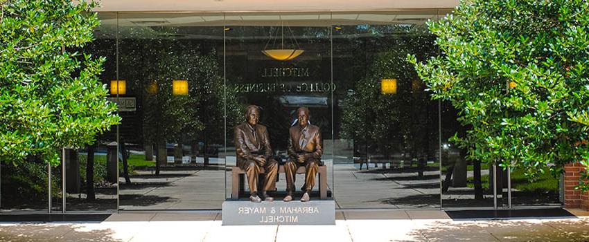 Statue of Abraham and Mayer Mitchell outside lower entrance to MCOB